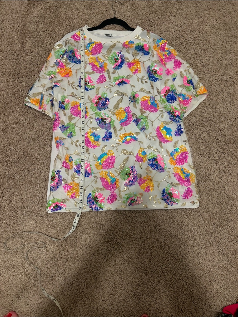 White Sequin Floral Short Sleeve Top - Multicolor Sequins